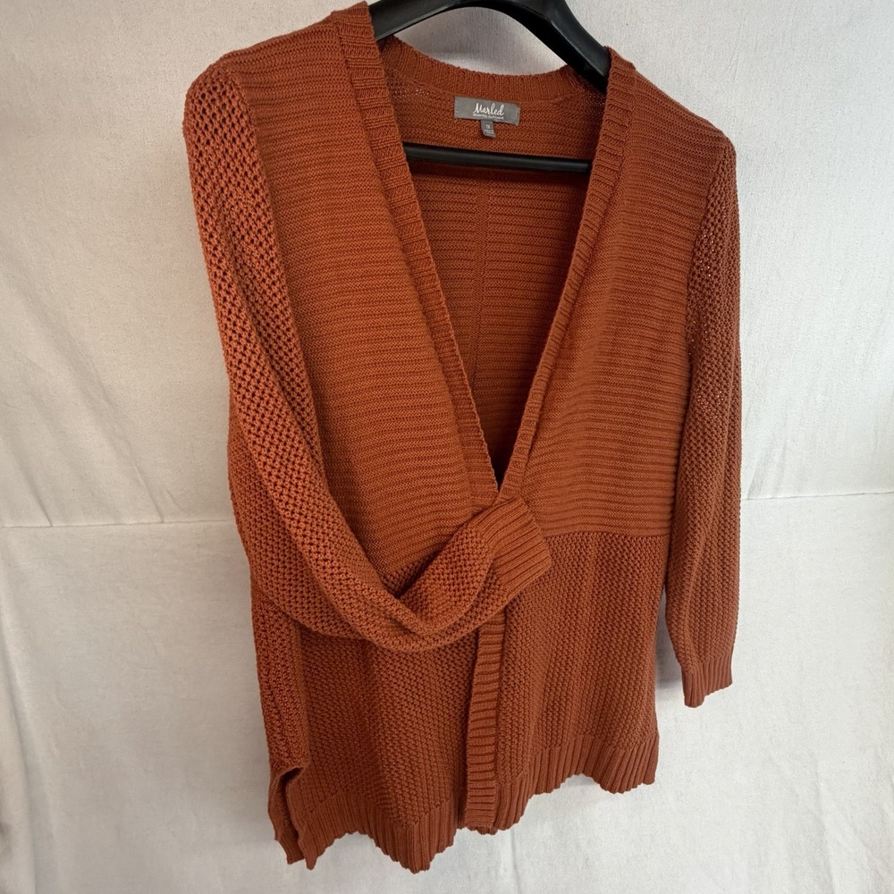 Orange Knit Oversized Cardigan Sweater Ribbed/Textured Side Slits 1X Boho Fall